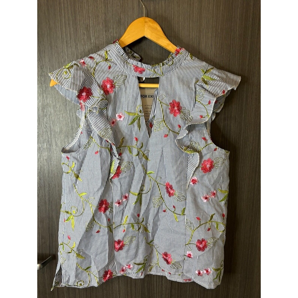 BCBGEneration Ruffle Top Women's Small Blue White Striped Floral Embroidered